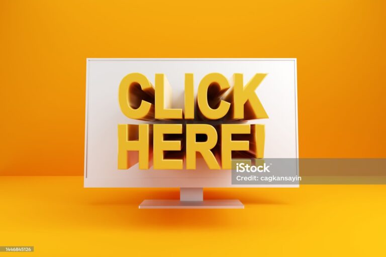 The word CLICK HERE popping out from the pc computer screen. 3D render.